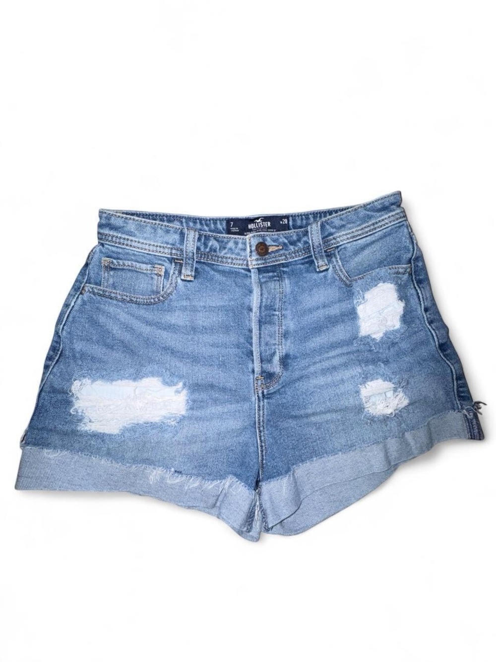 Hollister Medium Wash Distressed Cuffed Denim Shorts